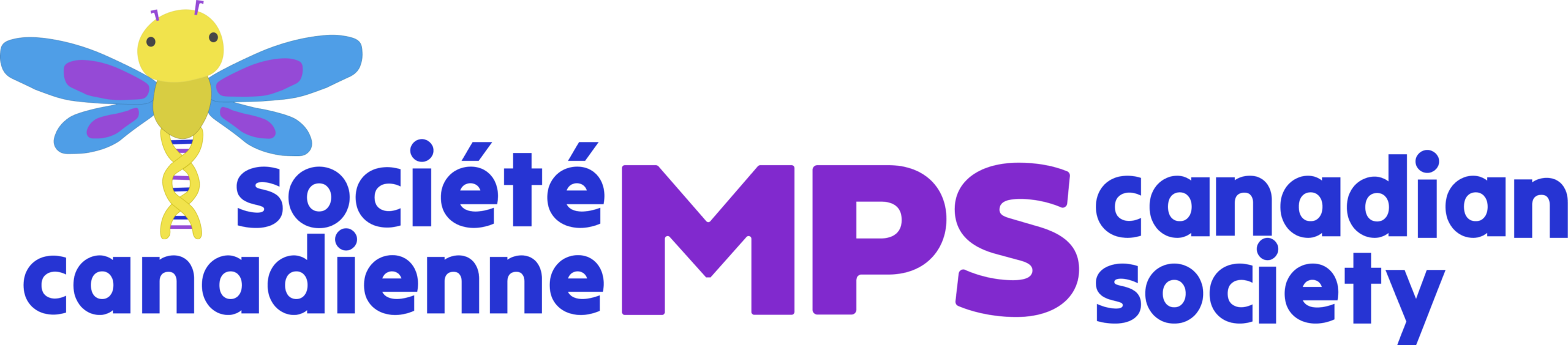 bilingual logo new purple & blue french and english logo of dragonfly mascot.